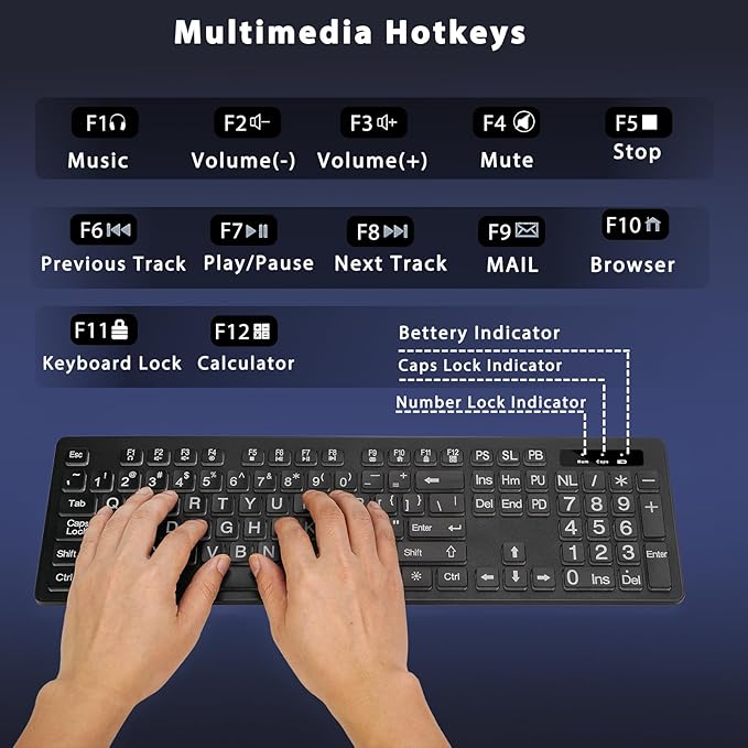 KOPJIPPOM Large Print Backlit Wireless Keyboard, 2.4G Silent Wireless Light Up Keyboard, Full Size Computer Keyboards with 7 Colored Backlits, Rechargeable Keyboards for Windows, PC, Laptop