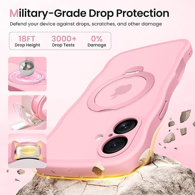 CAPRARO for iPhone 16 Case with 360° Spin Magnetic Stand for Women, [Compatible with MagSafe] [Full Camera Protection] Cute Wave Translucent Matte Case for iPhone 16, Peach Pink