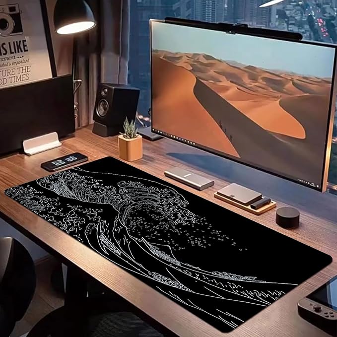 Japanese Kanagawa Sea Wave Large Gaming Mouse Pad Black XXL Keyboard Pad, Mouse Mat, Desk Pad, Non-Slip Rubber Base & Stitched Edges - Extended Mousepad for PC/Laptop/Office/Home Decor 31.5"x15.7"