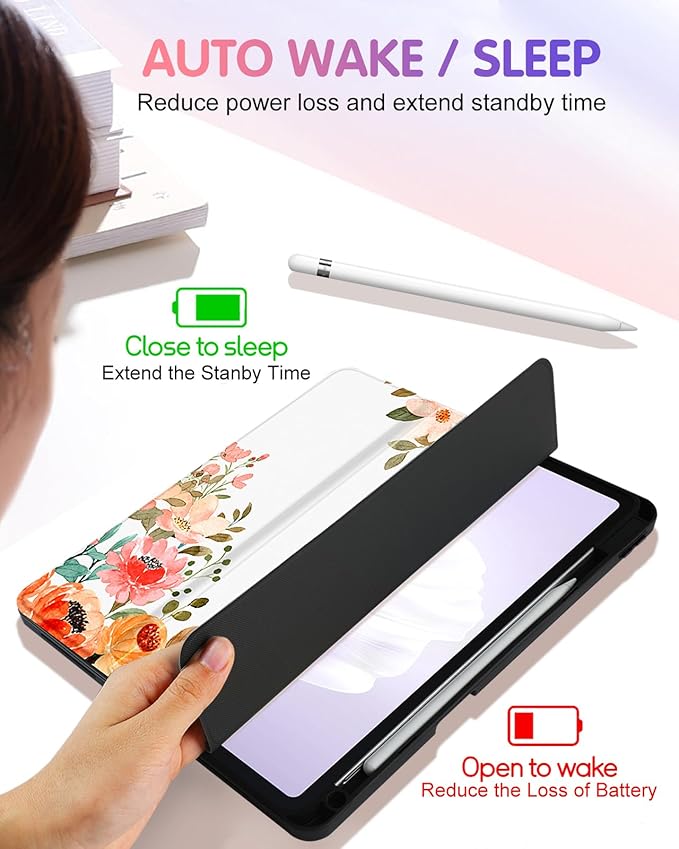 Uppuppy for iPad Air 11 inch Case, Air 5th/4th Generation 10.9, Pro 11'' (4th/3rd/2nd/1st Gen) Case Girls Cute Women Pencil Holder Flowers Design Folio Cover for iPad Air 11 2024/2025 (M2/M3)