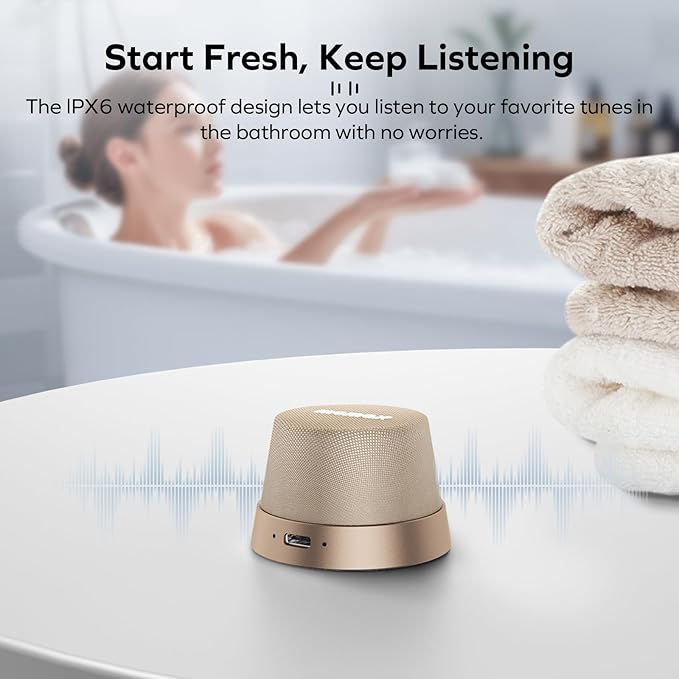 MOMAX Magnetic Portable Bluetooth Speaker, IPX6 Waterproof Mini Shower Speaker, Enhanced Bass, 12H Playtime, TWS Stereo, USB-C Outdoor Speaker, Travel & Gift Ideas, Desert Gold