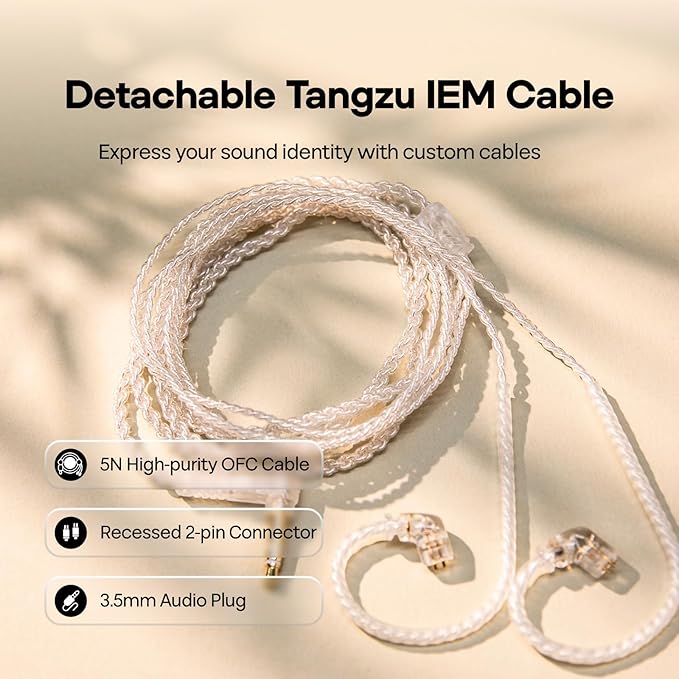 Linsoul TANGZU Wan’er S.G HiFi 10mm Dynamic Driver PET Diaphragm in-Ear Earphone with Ergonomic Shape, Detachable Recessed 2Pin OFC Braided Cable for Audiophile Musician DJ Stage(White, Without Mic)