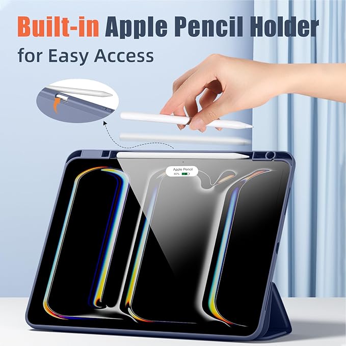 New Compatible with iPad Pro 13 inch Case M5 2025/M4 2024 with Built-in Pencil Holder, Kidopire for iPad Pro 13 Case with Hard Clear Back Shell, Support Pencil Pro, Auto Wake/Sleep, Blue Gray