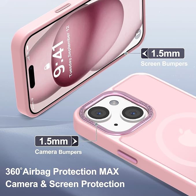Newfuture Magnetic for iPhone 15 Case [Compatible with Magsafe] [Military Grade Drop Protection] Translucent Matte Anti-Fingerprint Shockproof Phone Case for iPhone 15 6.1 inch, Tender Pink