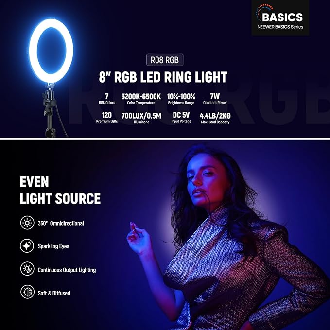 NEEWER Basics 8" RGB LED Ring Light with Tripod Stand, 7 Modes/3200-6500K/10 Dimming Levels, Phone Holder Selfie Ringlight Lighting for iPhone TikTok Vlog Makeup Video Recording Streaming, R08