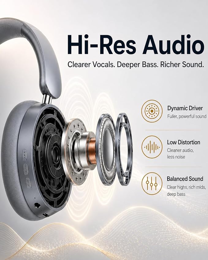 Wentronic Y05 Bluetooth Over-Ear Headphones with Active Noise Cancelling, Hi-Res Audio, 48H Playtime, Built-in Mic, Wired/Wireless, Works with iOS, Android & PC, Grey