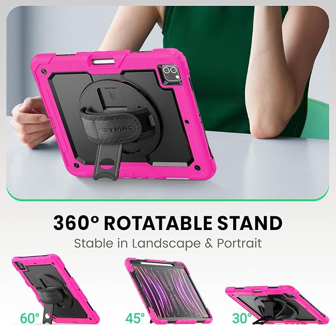 SEYMAC Kids Case for iPad Pro 12.9 2022/2021/ 2020/2018, Heavy Duty Protection Shockproof Case with Screen Protector, 360° Rotating Stand/Handle/Shoulder Strap, Supports Pencil 2 Charging, Pink