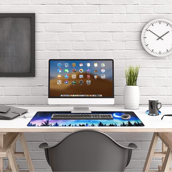 AIMSA Extended Gaming Mouse Pad, XL Large Keyboard Mouse Mat Desk Pad with Stitched Edges, Durable Non-Slip Base Mousepad for Home Office Work, 35x15.7inch, Forest Moon Sky