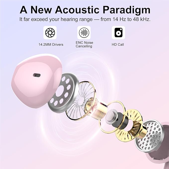 Jesebang Wireless Earbuds, Bluetooth 5.4 Headphones HiFi Stereo, Bluetooth Earbuds with ENC Noise Cancelling Mic, 36H LED Display Ear Buds, IPX7 in Ear Earphones for Phone Tablet Laptop Sports, Pink