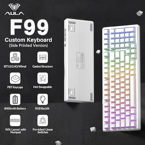 AULA F99 Wireless Mechanical Keyboard,Triple-Mode(BT5.0/2.4GHz/USB-C),Gasket Mounted Creamy Keyboard with Linear Switches, Side Printed PBT Keycaps,RGB Backlit PC Gaming Keyboards for Win/Mac