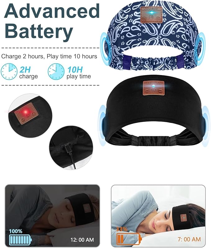 2-Pack Sleeping Headphones, Headband Headphones with Ultra-Thin HD Stereo Speaker, Bluetooth Headband for Sports, Workouts, Insomnia, Yoga, Air Travel, Meditation - Pattern Blue&Black