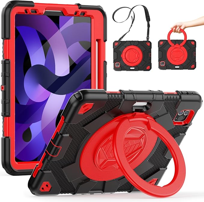 SCSVPN Kids Case for iPad Air 5th/4th Generation 10.9-inch 2022/2020 & iPad Pro 11'' 4th/3rd/2nd/1st Gen 2022 2021 2020 2018 Protection Case with Pen Holder, Stand, Handle, Shoulder Strap, Black Red