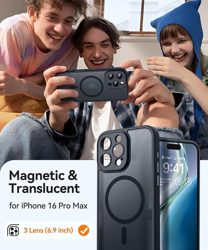 CANSHN Magnetic Compatible with iPhone 16 Pro Max Case, Upgraded [Full Camera Protection] [Compatible with Magsafe] [Translucent Matte] Shockproof Protective Phone Case Cover 6.9 Inch - Black