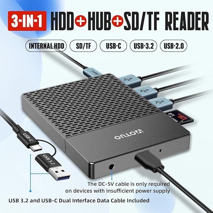 YOTUO Docking Station External Hard Drive Storage, USB-C Hub + HDD 7-in-1, USB 3.0, SD/TF Card, HDD for Windows, Mac, Android, TV, iOS (iPhone 15/16/17), Phone, Laptop, Desktop, PC (Space Black, 1TB)