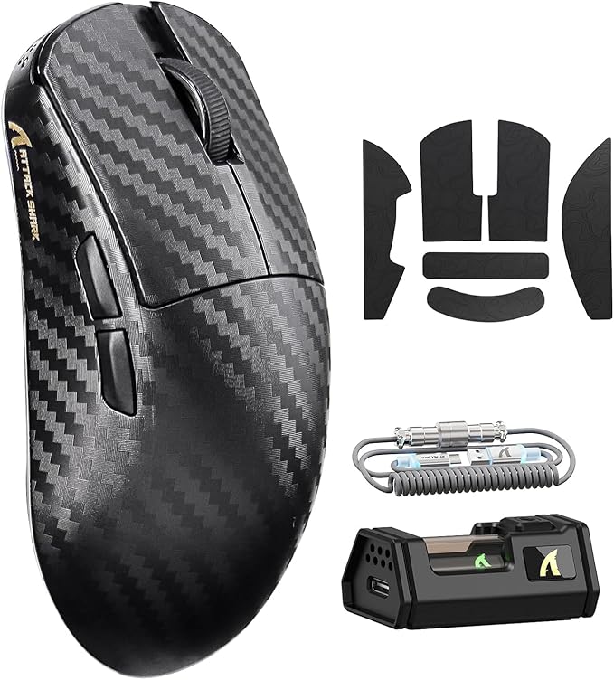 ATTACK SHARK R11Ultra 8K Carbon Fiber Wireless Gaming Mouse with 42000DPI-PAW3950 MAX Sensor-49g Lightweight,Nordic 52840 MCU Chip,Wired/BT/2.4Ghz Programmable,RGB Coiled Cable for PC(Black Wave+Tape)