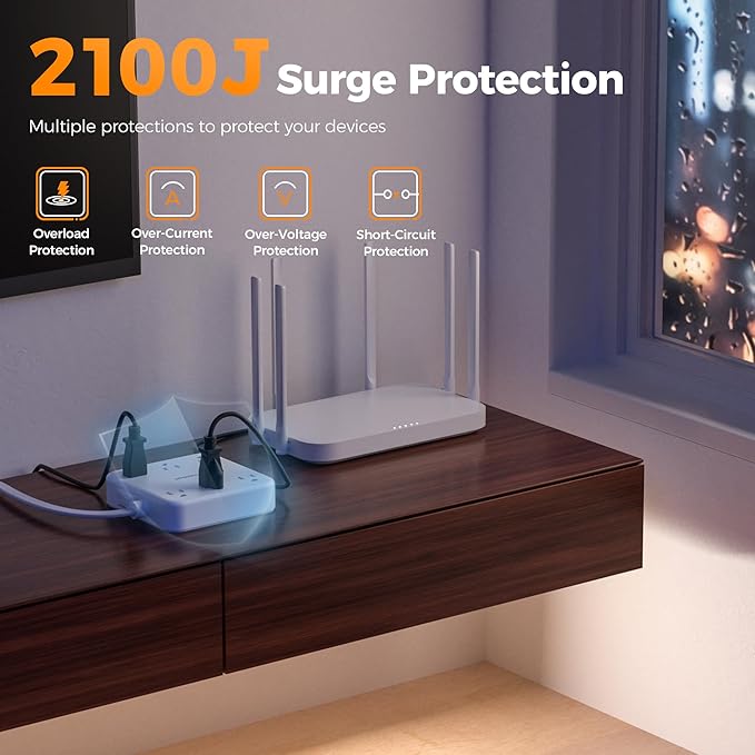 TESSAN 5Ft Grey Extension Cord with Multiple Outlets, 2100J Surge Protector Power Strip with 6 Outlets and 4 USB Ports (2 USB C), 1875W 15A, 20W Multi Outlet Extender for Home, Office, Dorm