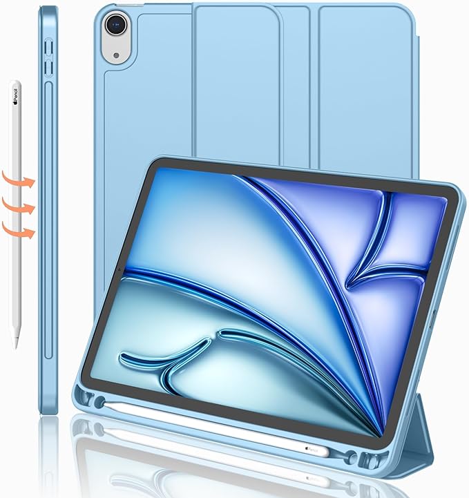 iMieet iPad Air 11 Inch Case M4/M3/M2(2026/2025/2024), iPad Air 5th/4th Generation Case 2022/2020 10.9 Inch with Pencil Holder,Trifold Stand Smart Case with Soft TPU Back(Azure Blue)