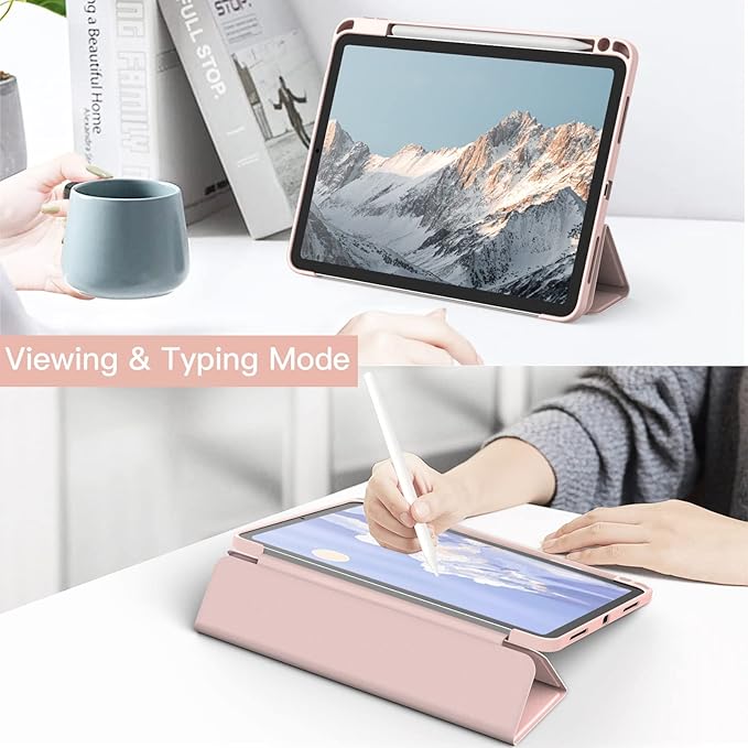 JETech Case ONLY for iPad Air 11-Inch M4/M3/M2 (2026/2025/2024), iPad Air 5/4 (2022/2020 5th/4th) with Pencil Holder, Clear Transparent Back Slim Stand Shockproof Tablet Cover (Rose Gold)