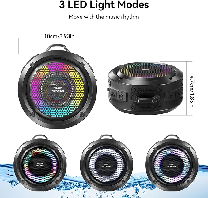 Bluetooth Shower Speaker, Soundace S6 IPX7 Waterproof Portable Speaker with Suction Cup, Hook, Lights,Stocking Stuffers, Premium Mini Outdoor Wireless Speake Ideal Gift for Christmas (Black)