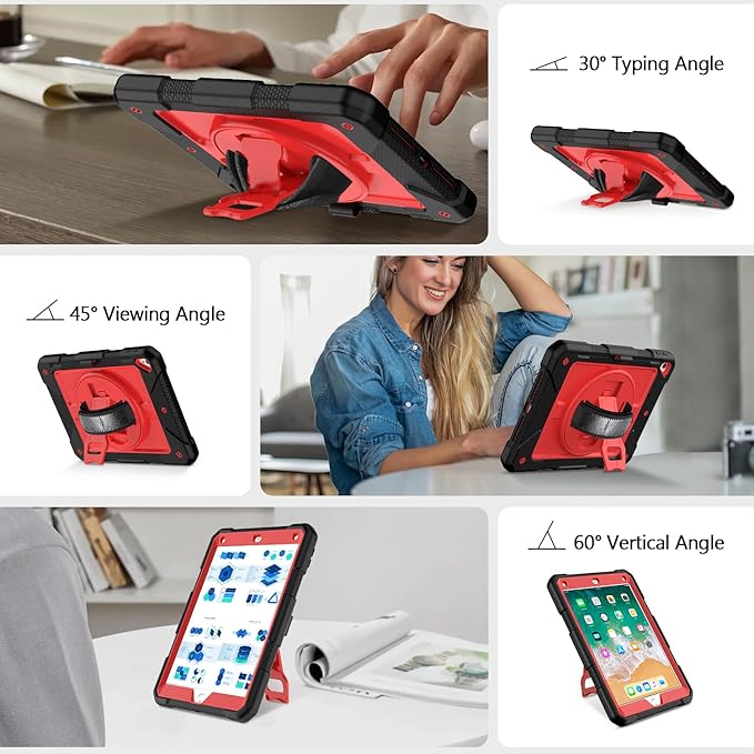 MENZO Shockproof Case for iPad 5th Gen/6th Gen/Air 2/Pro 9.7-inch with 360° Swivel Stand, Pencil Holder, Detachable Hand and Shoulder Strap, Black+Red