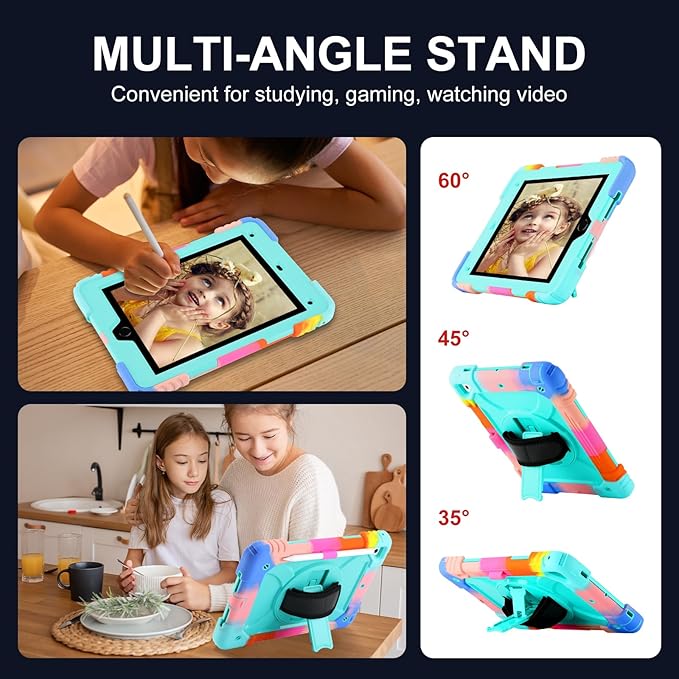 for iPad 6th Generation/iPad 5th Gen/iPad Air 2/iPad Pro 9.7" Case with Cute Key Chain, Rugged Protective Case with Rotating Stand & Shoulder Hand Strap for iPad 6th/5th/ Air 2 (Rainbow Aqua)