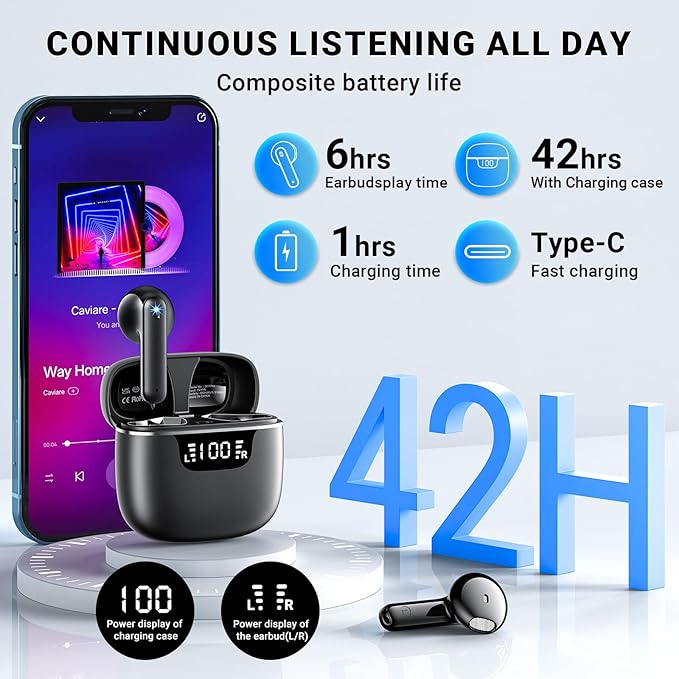 Wireless Earbuds, Bluetooth 5.4 Headphones with 42H Ultralight Ear Buds, Bluetooth Earbuds with 4 ENC Noise Cancelling Mics, HiFi Deep Bass Dual LED Display USB-C, IPX6 Waterproof Earphones Black
