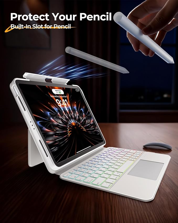 Keyboard Case for iPad Pro 13 Inch M5/M4 2025/2024, Clear Detachable Magnetic 360 Rotatable & Liftable Cover, 7-Color Backlit, Native Gesture Trackpad, 180 Kickstand, White
