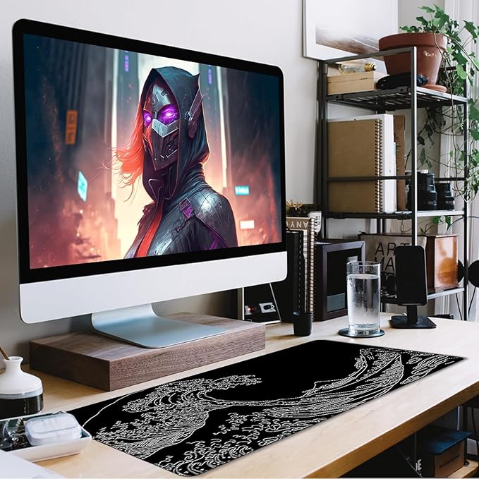 Large Gaming Mouse Pad, Waterproof Extra Large Big Mouse Pad with Stitched Edge, XXXL Non-Slip Black Computer Long Mousepad for Gamer, Office & Home, Wave Lines