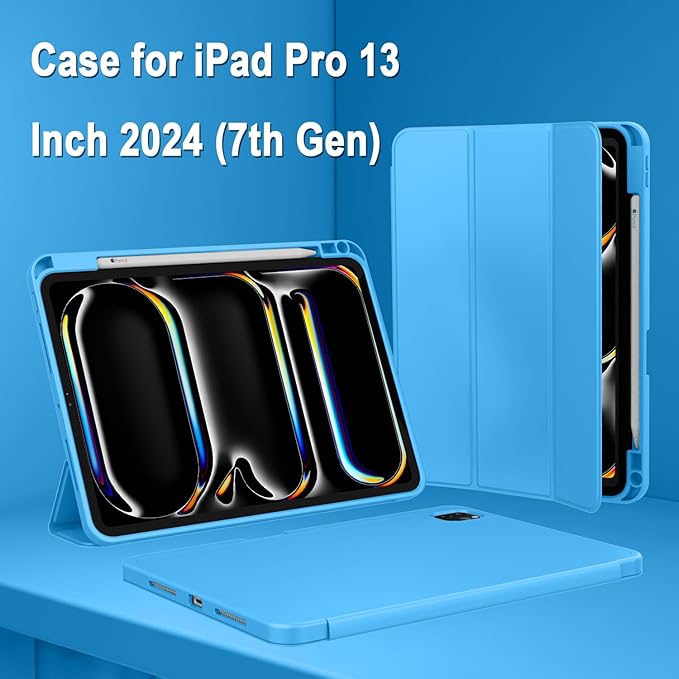ZryXal New iPad Pro 13 Inch Case (M5) 2025 / (M4) 2024 with Pencil Holder, Smart iPad Case [Support Pencil Pro and Pencil (USB-C)], Support Touch ID and Auto Wake/Sleep (New Ocean Blue)
