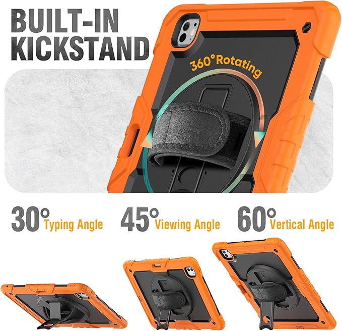 HXCASEAC for iPad Pro 13 Inch Case (M5/M4) 2025/2024, Shockproof Design with Pencil Holder, Protector, Rotating Stand, Hand Strap, Heavy Duty Protective iPad Pro13 Cover A3360 A2925 A2926, Orange