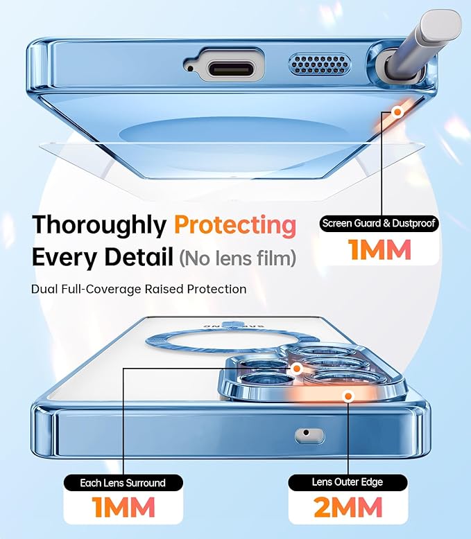 Meifigno Case Designed for Samsung Galaxy S25 Ultra 6.9 inch, [Compatible with MagSafe] [2X HD Screen Protectors] [Glitter Card & Wrist Strap] Full Lens Protection Case for Galaxy S25 Ultra, SkyBlue