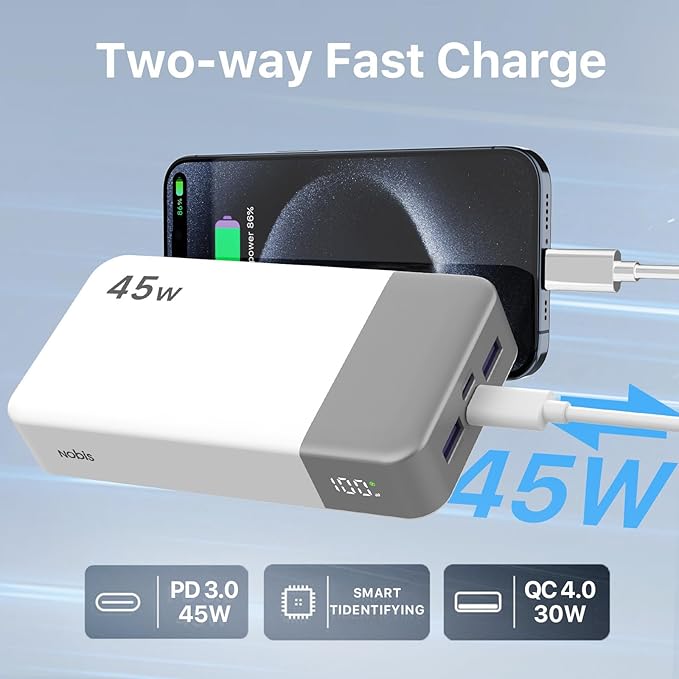 NOBIS Portable Charger, 20000mAh Power Bank, 45W Power Bank Fast Charging, Battery Pack with C to C Cable, Battery Bank with Digital Display for iPhone Android Laptop etc (White)