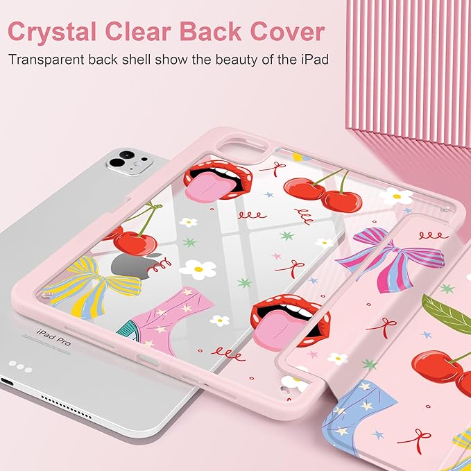 Case for iPad Pro 11 Inch (M5 2025 M4 2024) – [Built-in Pencil Holder], Shockproof & Stylish, Clear Hard Back + Soft TPU Edge, Magnetic Trifold Stand, Auto Wake/Sleep, Cherry & Lip