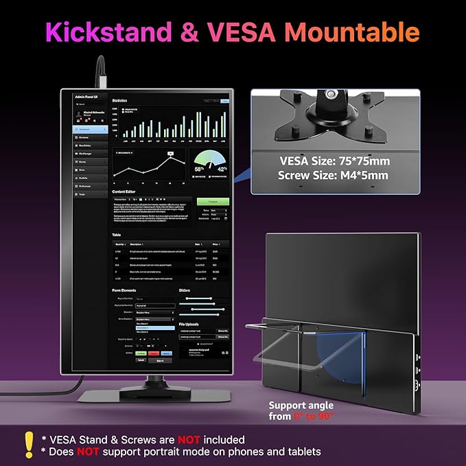 kksmart Portable Monitor for Laptop MacBook Surface PC Xbox PS5, Travel Monitor Second Screen for Laptop, HDMI USB-C VESA Compatible Built-in Speaker, 18.5inch