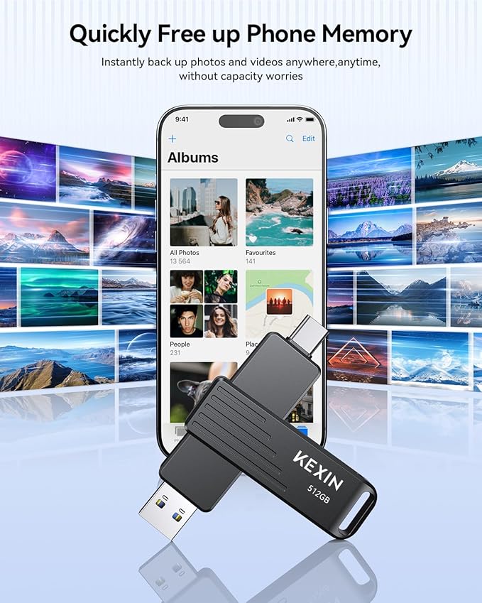 KEXIN 512GB USB C Flash Drive up to 1000MB/s Dual Thumb Drive 512G with Type-C and USB-A Connectors USB 3.2 Gen 2 USB Drive Swivel Memory Stick for iPhone 15/16/17, Smartphone, Tablet, Laptop