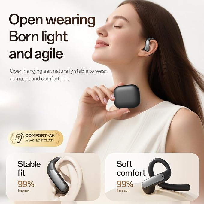 TINGER Open Ear Bluetooth Headphones 5.4 - IPX5 Waterproof Wireless Sports Earbuds,18H Playtime with Digital Power Display, Ultra-Light Weight Design for Cycling/Running/Gym (Silver)