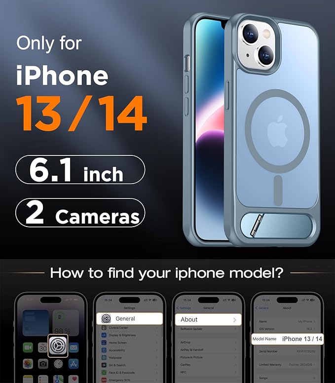 Magnetic Compatible with iPhone 14 Case/iPhone 13 Case,[Built-in Invisible Kickstand][Compatible with MagSafe][Military Grade Shockproof] Slim Translucent Matte Phone Case for iPhone 14/13 6.1"