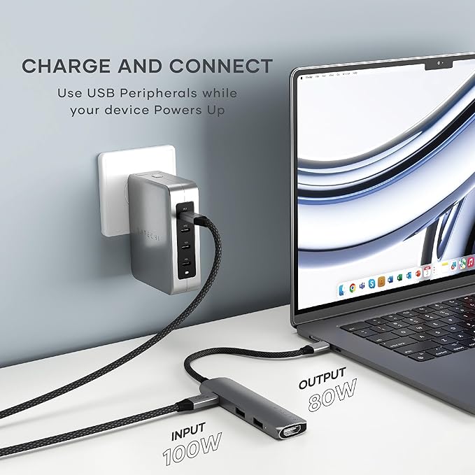 Satechi 4 in 1 USB C Hub Multiport Adapter with HDMI 4K@60Hz, 100W PD Charging, 2X USB-A Data Ports for MacBook Air/Pro/Neo, iPad Air/Pro, Windows – Space Gray