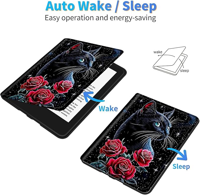 for Amazon Kindle Fire HD 10 (9th/7th/5th Generation, 2019/2017/2015 Release) 10.1" Tablet Case, Slim Kickstand Stand Leather Smart Cover with Auto Wake/Sleep, Red Rose Cat Black