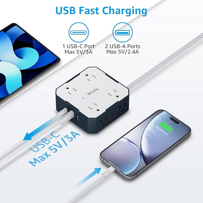 Surge Protector Power Strip, 5 Ft Flat Plug Extension Cord with 3 USB Charger(1 USB C Port) and 8AC Outlets, Wall Mountable Multi Plug Outlet Extender for Home Office