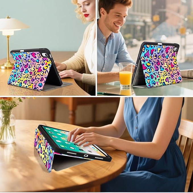 for iPad (A16) 11Th/10Th Generation Case 2025/2022, for iPad A16 Case 11Th/10Th Generation, 10Th/11Th Gen Slim Cover Pencil Holder & 4 Viewing Angles & Typing Stand, Colorful Love Leopard