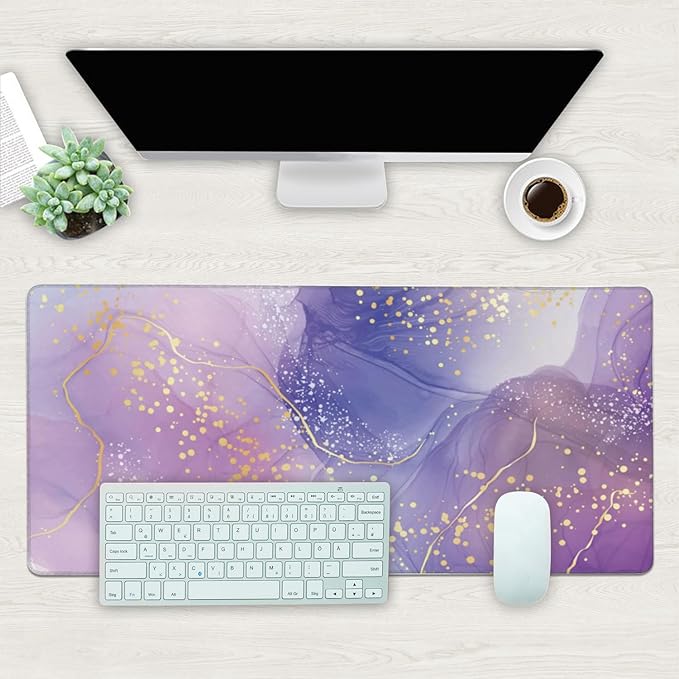 Desk Mat, Purple Rose and Lavender Liquid Marble Extended Gaming Mouse Pad Large, 35.4"x15.7" Big Mouse Pad with Non-Slip Base and Stitched Edge, Long Computer Keyboard Mouse Mat for Home Office Work