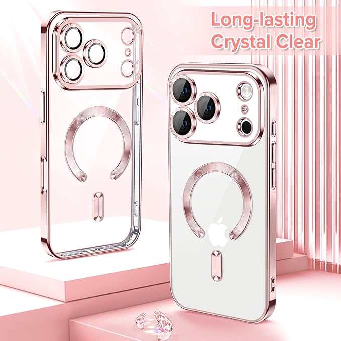 Hython Magnetic Clear for iPhone 17 Pro Case with Camera Lens Protector [Compatible with MagSafe] Luxury Plating Edge Slim Soft TPU Cover Protective Phone Case for iPhone 17 Pro 6.3", Pink