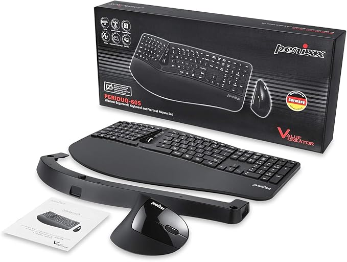 Perixx Periduo-605, Wireless Ergonomic Split Keyboard and Vertical Mouse Combo, Adjustable Palm Rest and Membrane Low Profile Keys, Black, US English Layout (11633)