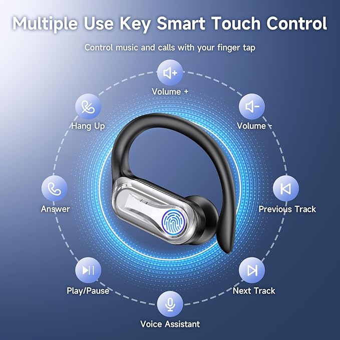 Wireless Earbuds, Sports Bluetooth 6.1 Earhooks Headphones, 90H Playtime LED Charging Case, ENC Noise Cancelling, 16.2mm Driver HiFi Stereo, IPX7 Waterproof Earphones for Running Workout Gym Black