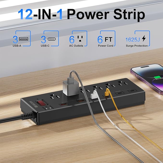 Power Strip, HITRENDS Surge Protector with 6 AC Outlets & 6 USB Ports (3 USB-C & 3 USB-A), 20W PD Fast Charging USB-C, 6 Ft Flat Plug Extension Cord with Multiple Outlet, 1625W/13A, for Home Office