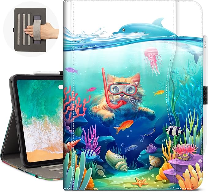 Vimorco for iPad Air M4/M3/M2 11 Inch Case 2026/2025/2024, for iPad Air 5th/4th Gen Cases 10.9-inch, for iPad Pro 11 Inch Case 4th/3rd/2nd/1st Generation, Pencil Holder/Hand Strap/Pocket, Diving Cat