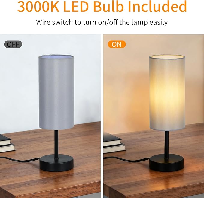 RISLG 2 Pack Small Table Lamps for Bedroom, Bedside Lamps for Nightstand with Wire Switch, Minimalist Modern Desk Lamps with Linen Fabric Shade for Kids Room Living Room Office Dorm, Bulb Included
