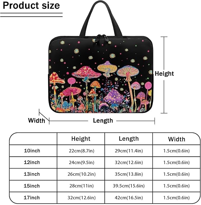 Colorful Mushrooms 10-17 Inch Kids Tablet Portable Neoprene Zipper Carrying Sleeve Case Bag Computer Tablet Handbag Case Notebook Messenger Briefcase for Travel/Business/School