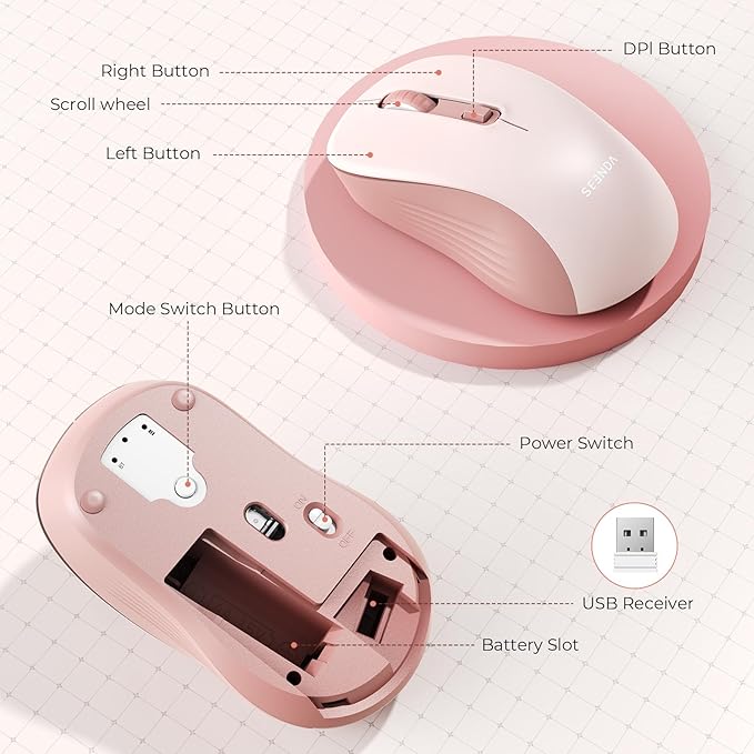 seenda Bluetooth Wireless Mouse, Bluetooth & 2.4G USB Dual Mode, Quiet Clicks, 1600 DPI Smooth Tracking, Ergonomic Design, 24-Months Battery Life, Portable Mouse for Laptop/Mac/Ipad/PC/Tablet-Pink